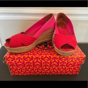 Tory Burch Wedge Espadrille- Red/Pink. Size 9